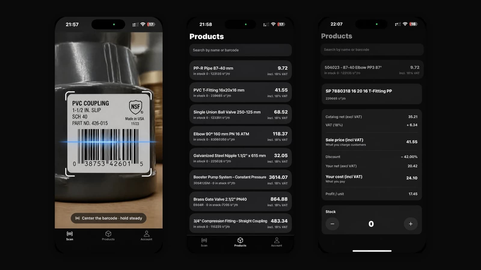Stockuro on iPhone showing barcode scanning, the product catalog and pricing detail