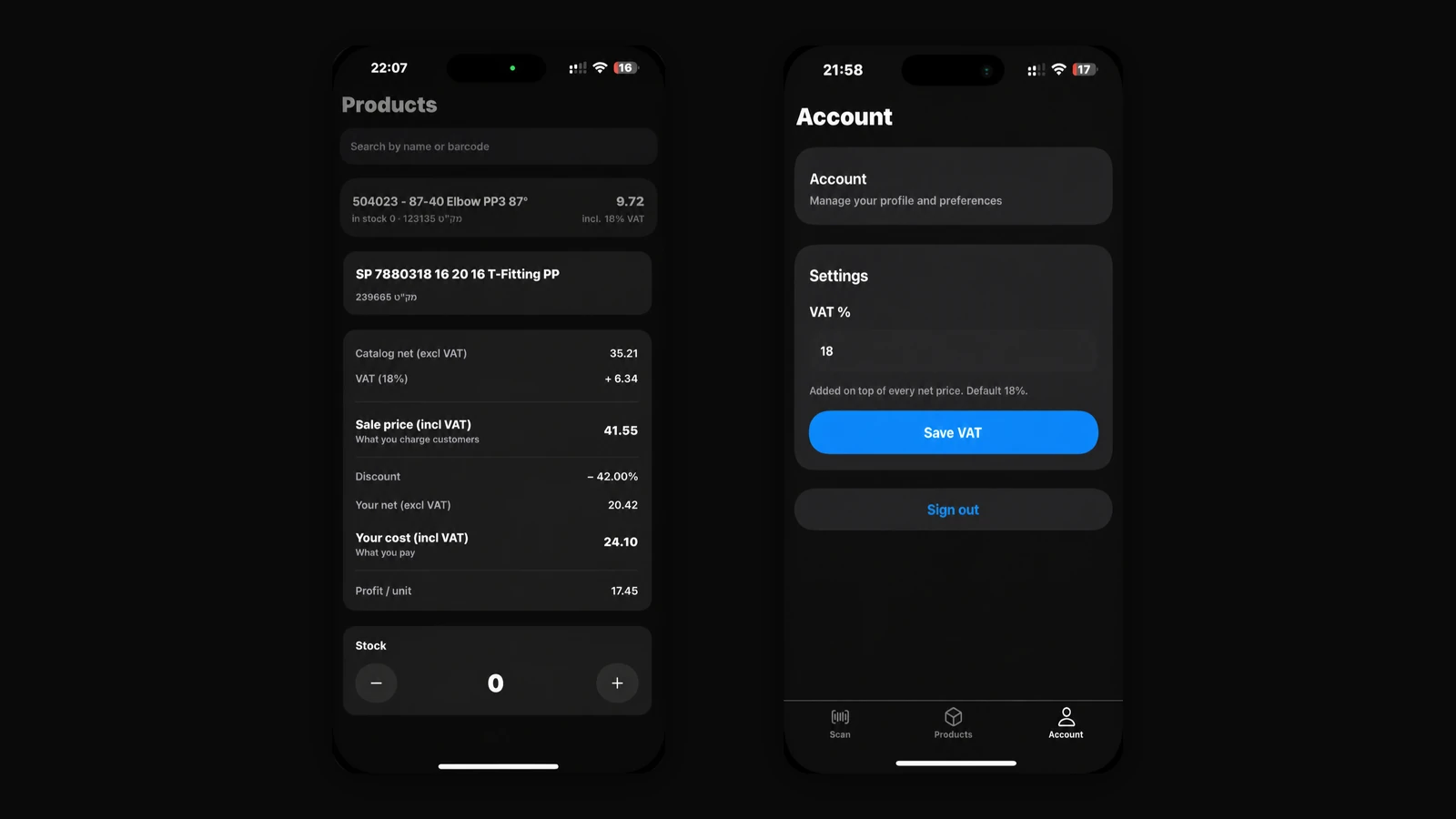 Role-based pricing detail and VAT settings